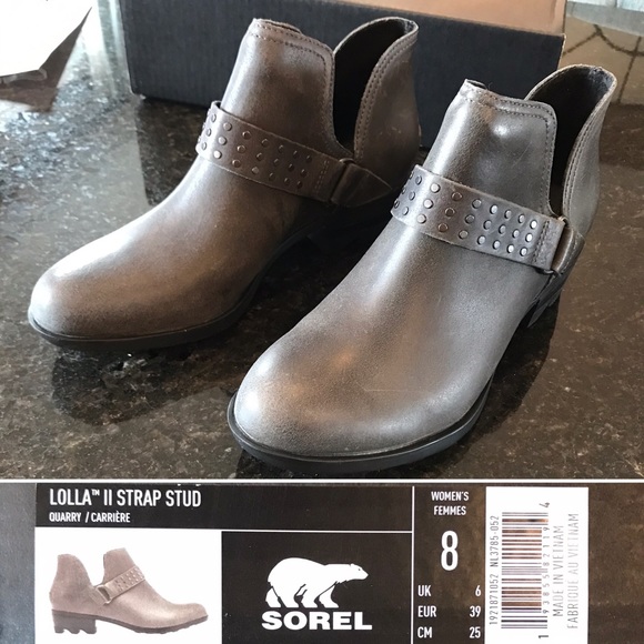 New Sorel Lolla II Strap Stud Shoe, Charocal Grey Ankle Booties, Gray Short Boot - Picture 5 of 16